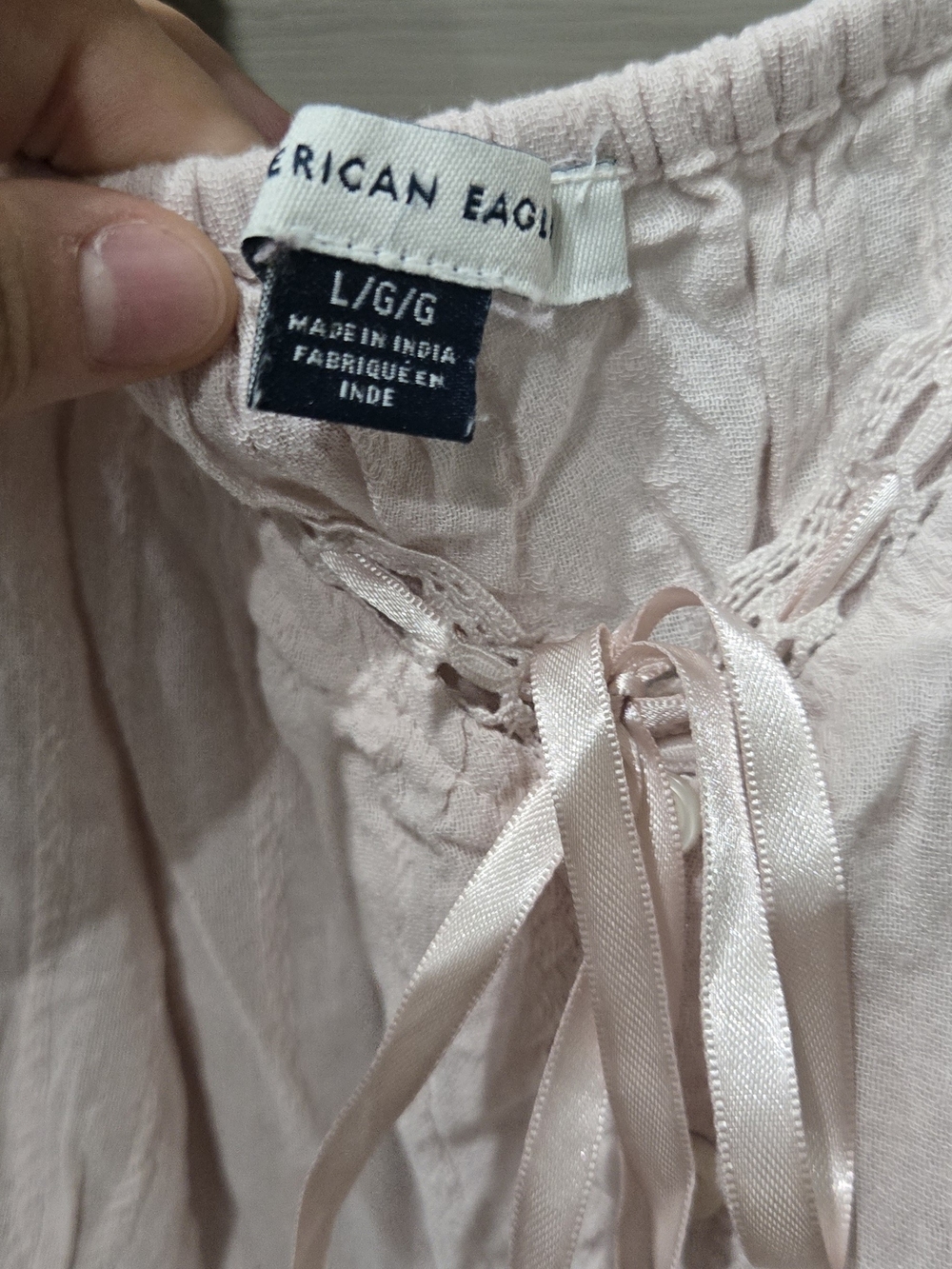 Light Pink Women's Peasant Blouse with Lace Trim - Picture 5 of 6